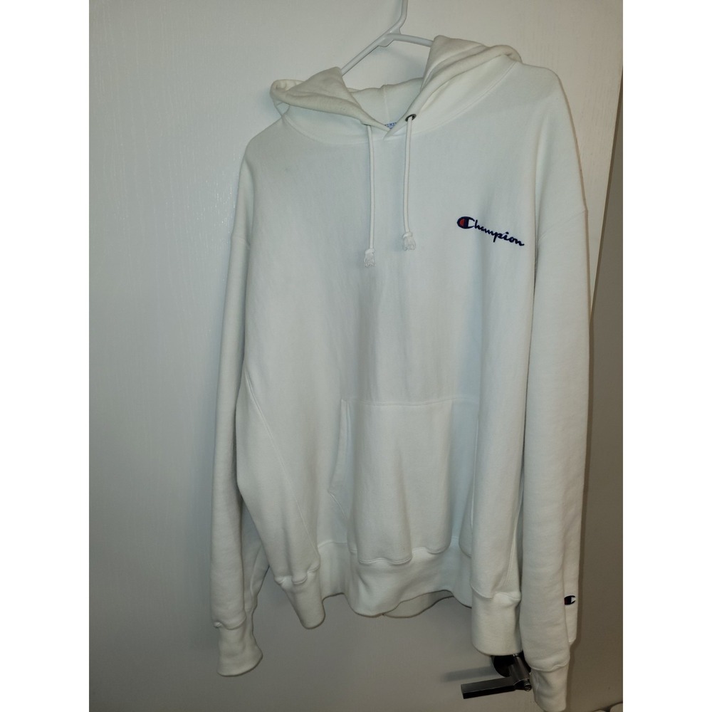 Champion Reverse Weave Hoodie‎ White XL Pullover Sweatshirt  Cotton Rare Script